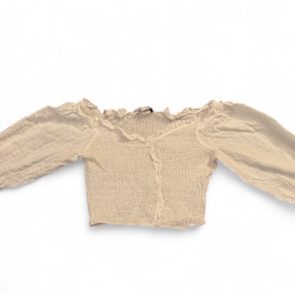 Zara Smocked Off The Shoulder Crop Top Ruffle V-Neck Puff Sleeve Size Med White